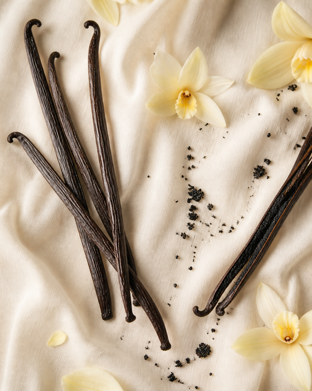 Echte Vanilleschoten und Vanilleblüten