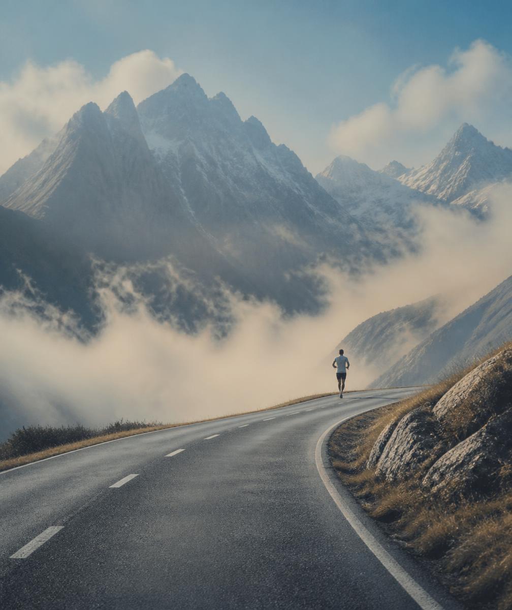 Läuferin auf einer Bergstraße im Morgenlicht